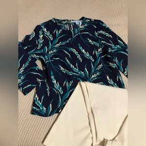 Draper James Elegant shades of Blue and Cream Women's Top, Scalloped Hem, Size 4